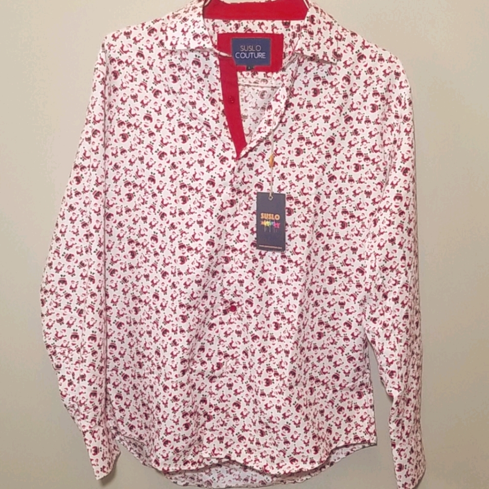 Holiday Santa Print Button Shirt